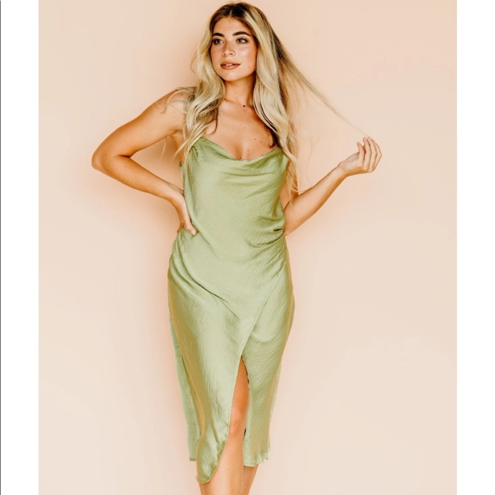 Green silk midi dress